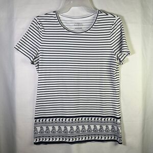 Talbots Black White Stripe Paisley Tee Soft 95% Cotton 5% Spandex Womens Small